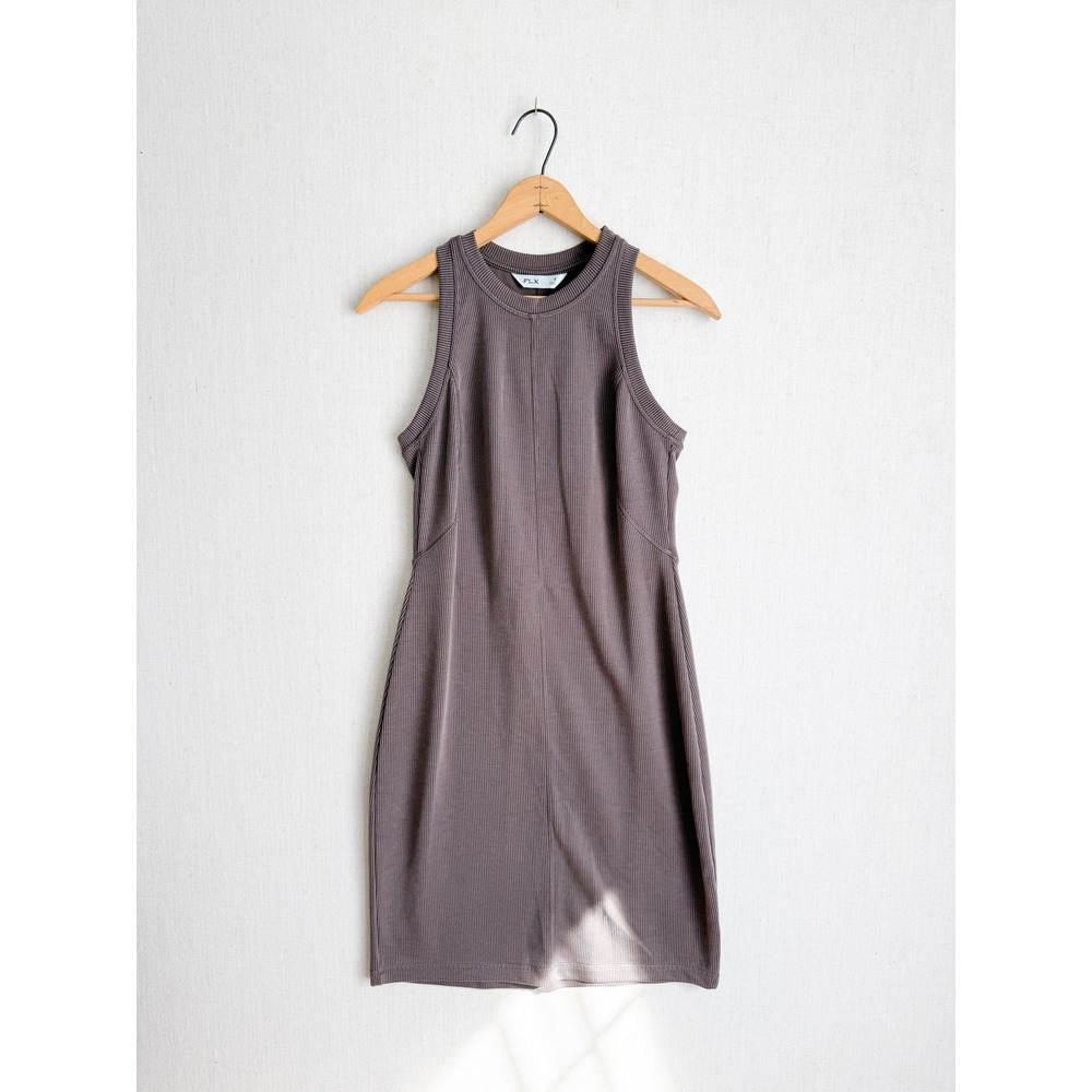 FLX Womens Ribbed Knit Mini Dress Mauve Brown High Neck Racerback Athleisure S